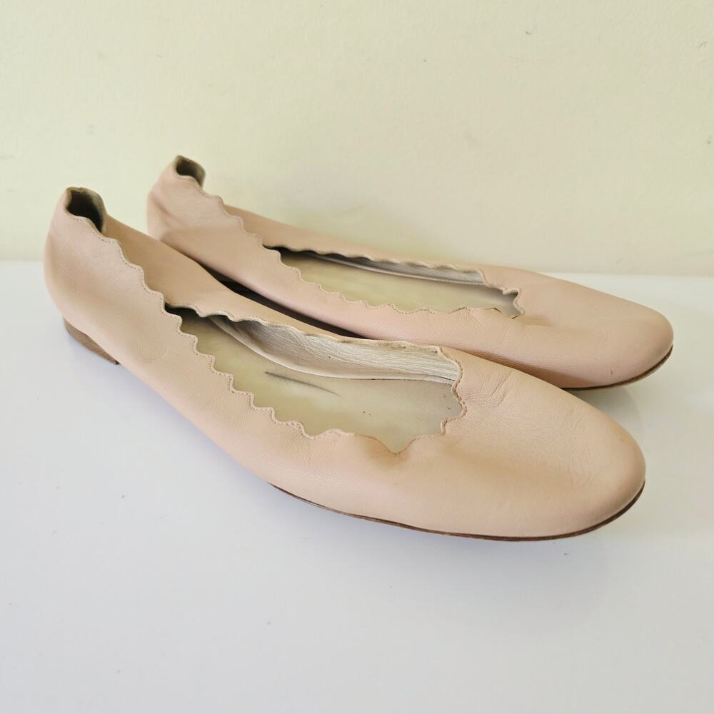 Chloe Lauren Scalloped Leather Ballerina Flats Tan Cream 41 US 10.5 - Picture 2 of 10